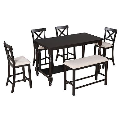 Whisen 6-Piece Counter Height Dining Table Set with Shelf 4 Chairs and Bench