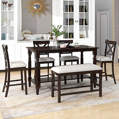 Whisen 6-Piece Counter Height Dining Table Set with Shelf 4 Chairs and Bench