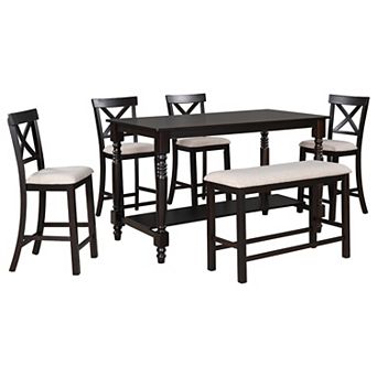 Whisen 6 pc Counter Height Dining Table Set with Shelf 4 Chairs and Bench