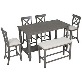 Whisen 6 pc Counter Height Dining Table Set with Shelf 4 Chairs and Bench