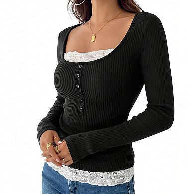 Women's Ribbed Knit Top - Lace Trim Square Neck Button Front Blouse