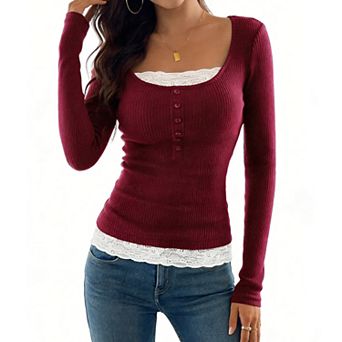 Women's Ribbed Knit Top - Lace Trim Square Neck Button Front Blouse