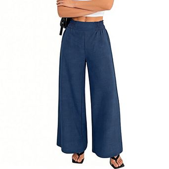 Women's Wide Leg Elastic Waist Pants - High Waisted Casual Comfort Trousers for Office & Daily Wear