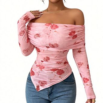 Women's Off Shoulder Floral Blouse - Ruched Long Sleeve Tunic Top