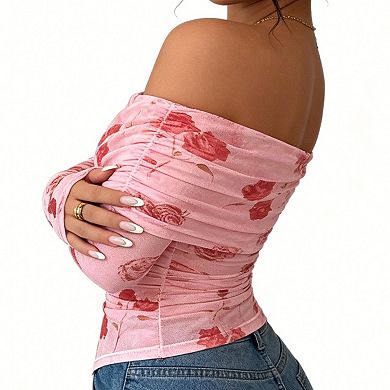 Women's Off Shoulder Floral Blouse - Ruched Long Sleeve Tunic Top