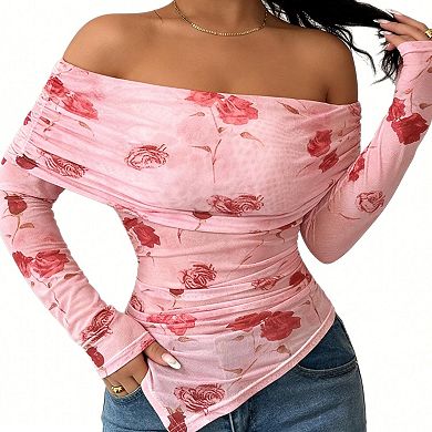 Women's Off Shoulder Floral Blouse - Ruched Long Sleeve Tunic Top