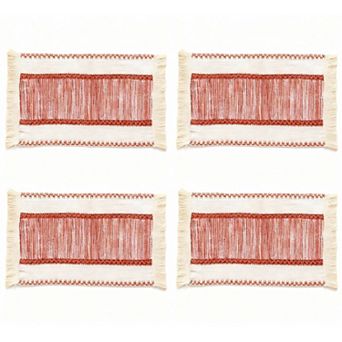 4 pc Rectangular Woven Fringe Placemat with Textured Striped Pattern