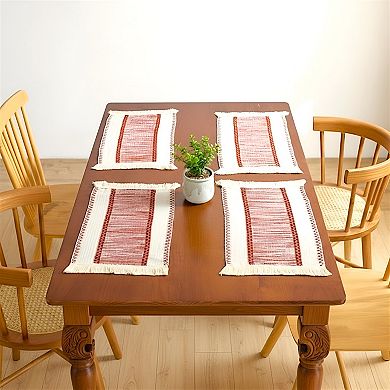 4-Piece Rectangular Woven Fringe Placemat with Textured Striped Pattern