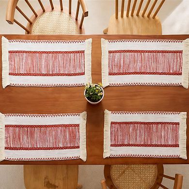 4-Piece Rectangular Woven Fringe Placemat with Textured Striped Pattern
