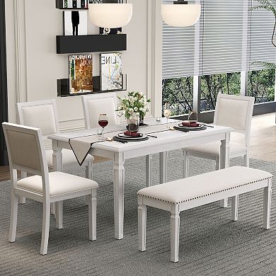 Whisen Vintage Extendable 6-Piece Dining Table Set with 4 Chairs, Bench and Retro Carved Legs