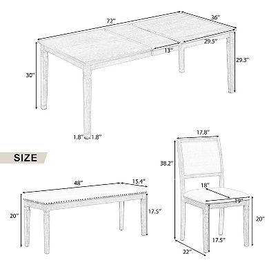 Whisen Vintage Extendable 6-Piece Dining Table Set with 4 Chairs, Bench and Retro Carved Legs