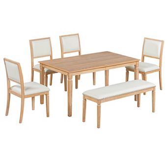 Whisen Vintage Extendable 6 pc Dining Table Set with 4 Chairs, Bench and Retro Carved Legs