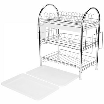 3 tier Dish Drying Rack with Drain Trays, Utensil Holder & Cutting Board Rack for Kitchen Counter