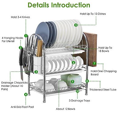 3-Tier Dish Drying Rack with Drain Trays, Utensil Holder & Cutting Board Rack for Kitchen Counter