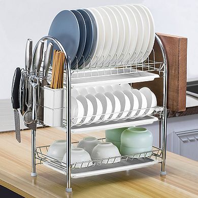 3-Tier Dish Drying Rack with Drain Trays, Utensil Holder & Cutting Board Rack for Kitchen Counter