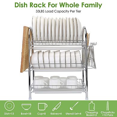 3-Tier Dish Drying Rack with Drain Trays, Utensil Holder & Cutting Board Rack for Kitchen Counter