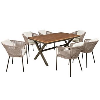Whisen 7 pc Outdoor Furniture Set with Dining Table and Chairs, Acacia Wood Tabletop