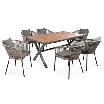 Whisen 7 pc Outdoor Furniture Set with Dining Table and Chairs, Acacia Wood Tabletop
