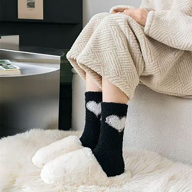 3-Pair Fuzzy Heart Knit Crew Socks Set with Soft Plush Texture and Cute Heart Accent