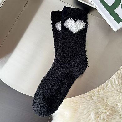 3-Pair Fuzzy Heart Knit Crew Socks Set with Soft Plush Texture and Cute Heart Accent