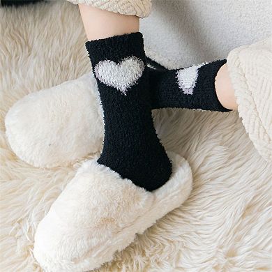 3-Pair Fuzzy Heart Knit Crew Socks Set with Soft Plush Texture and Cute Heart Accent