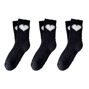 3-Pair Fuzzy Heart Knit Crew Socks Set with Soft Plush Texture and Cute Heart Accent