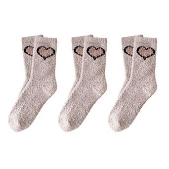 3-Pair Fuzzy Heart Knit Crew Socks Set with Soft Plush Texture and Cute Heart Accent