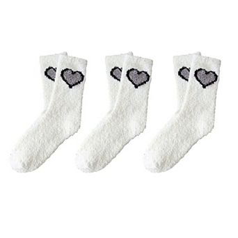 3-Pair Fuzzy Heart Knit Crew Socks Set with Soft Plush Texture and Cute Heart Accent