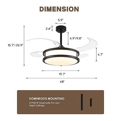 Moooni 48in Indoor Downrod Mount Modern Black Retractable Dimmable Fandelier Ceiling Fan with Remote
