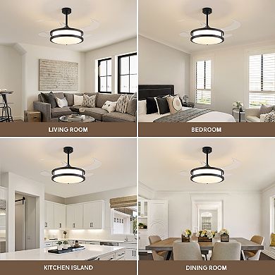 Moooni 48in Indoor Downrod Mount Modern Black Retractable Dimmable Fandelier Ceiling Fan with Remote