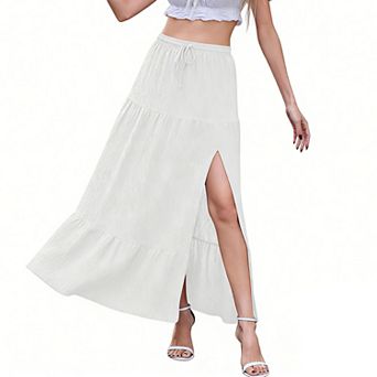 Women's Tiered Maxi Skirt - Elastic Waist Side Slit Summer Skirt for Casual & Vacation Wear