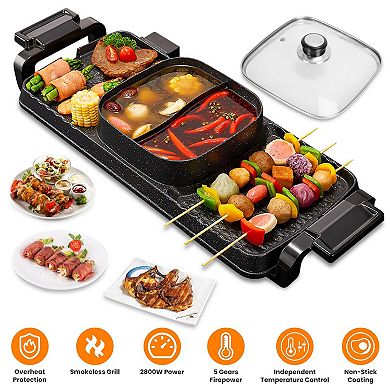 2-in-1 Electric Hot Pot & Grill 2800W Smokeless Non-Stick BBQ Shabu Combo