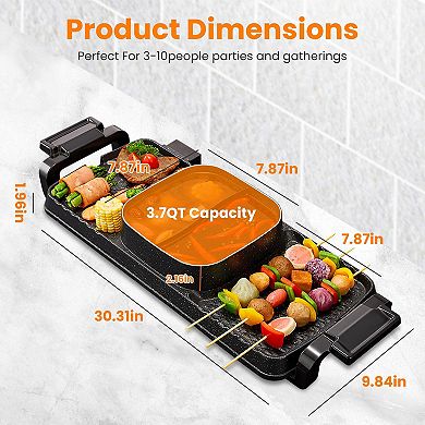 2-in-1 Electric Hot Pot & Grill 2800W Smokeless Non-Stick BBQ Shabu Combo