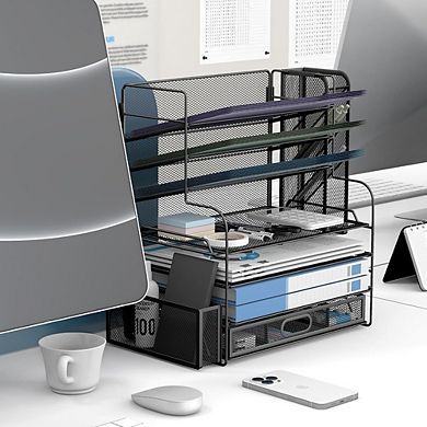 7-Tier Desk File Organizer Letter Tray Metal Black