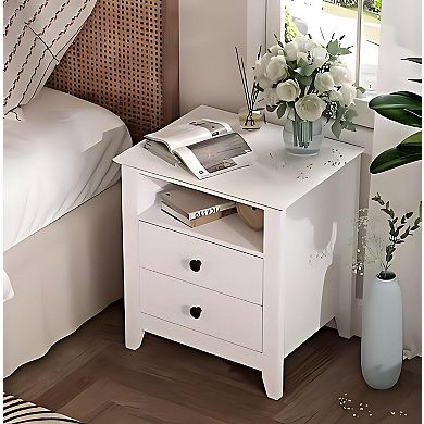 White Wooden Nightstand, Sidetable, End Table with 2 Drawers and Open Shelf