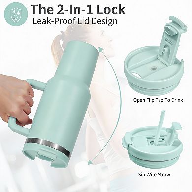 40oz Vacuum Tumbler Handle Straw Leak-Proof Cold 34h Hot 12h