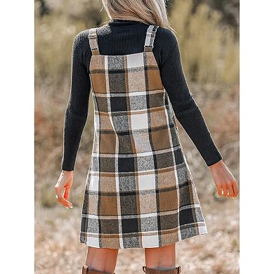 Sleeveless Plaid A Line Mini Overall Dress for Women