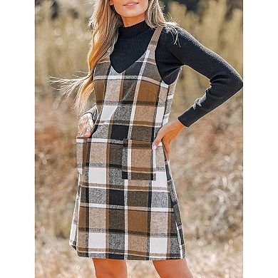 Sleeveless Plaid A Line Mini Overall Dress for Women