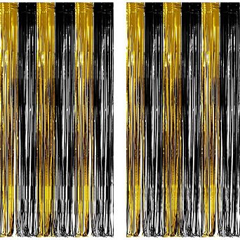 Black and Gold Foil Party Streamers Backdrop 2 Pack 3.2 by 8.2 Feet