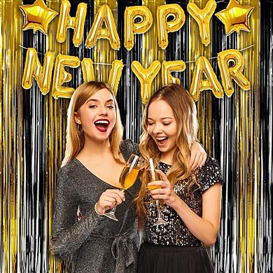 Black and Gold Foil Party Streamers Backdrop 2 Pack 3.2 by 8.2 Feet