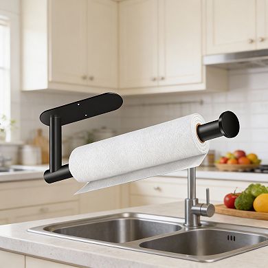 Black Stainless Steel Under-Cabinet Paper Towel Holder Self-Adhesive or Drill Mount