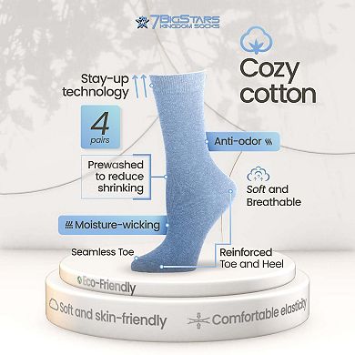 Women's Cotton Dress Socks, 4 Pack, Solid, Casual, Crew, Lightweight, Breathable & Everyday Socks