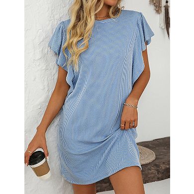 Women's Flounce Cap Sleeve Crew Neck Casual Basic Loose Mini Dresses