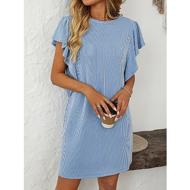 Women's Flounce Cap Sleeve Crew Neck Casual Basic Loose Mini Dresses