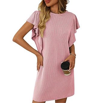 Women's Flounce Cap Sleeve Crew Neck Casual Basic Loose Mini Dresses