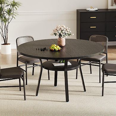 47 Inch Round Dining Table with Storage Shelf - Metal Legs, Seats 4-6, Modern Space-Saving Table