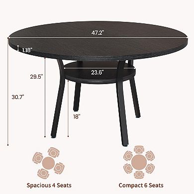 47 Inch Round Dining Table with Storage Shelf - Metal Legs, Seats 4-6, Modern Space-Saving Table