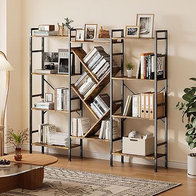 4-Tier Large Industrial Bookcase with Tree Shelves, Heavy-Duty Steel Frame Open Bookshelf