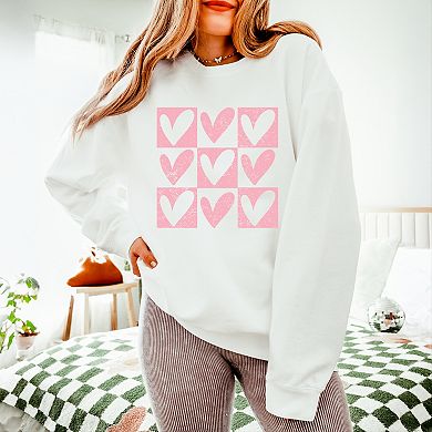 Pink Heart Checkered Chart - Women's Lightweight Garment Dyed Sweatshirt
