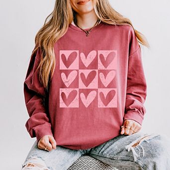 Pink Heart Checkered Chart - Women's Lightweight Garment Dyed Sweatshirt